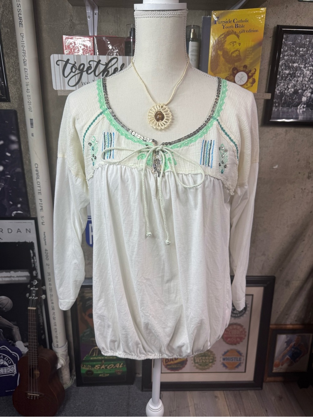 Free People White Boho Embroidered Peasant Top with Mint Trim